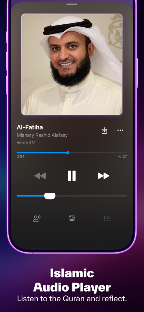 Islami - AI, Quran, Prayer - Islami app Islamic Audio Player interface playing Al Fatiha recitation