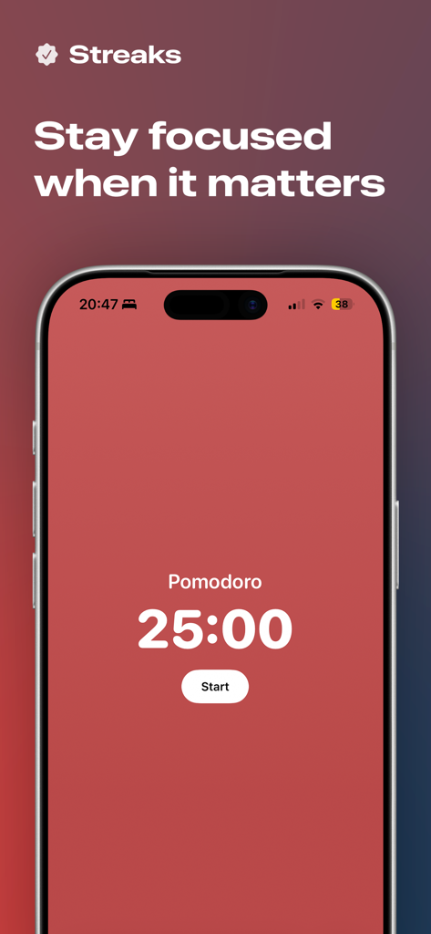 Streaks: Daily Habit Tracker - Interfaz de la aplicación Streaks que muestra un temporizador minimalista de enfoque Pomodoro de 25 minutos