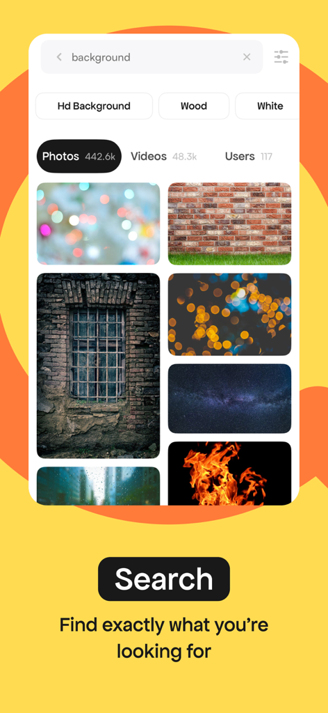 Search interface in the Pexels app showing results for high-resolution background photos