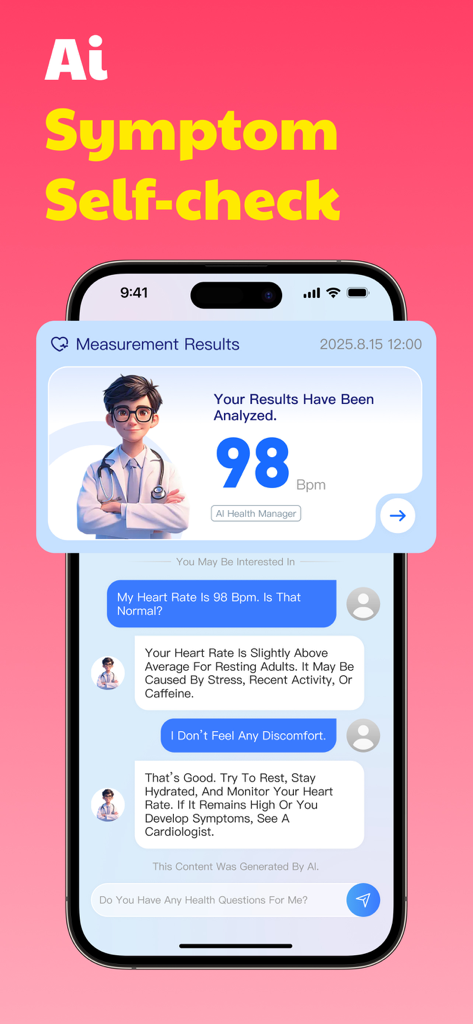iCardial app interface showing AI health consultation chat and heart rate monitoring results