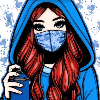 girl wearing a mask with long hair with her hood up spray-painting realistic