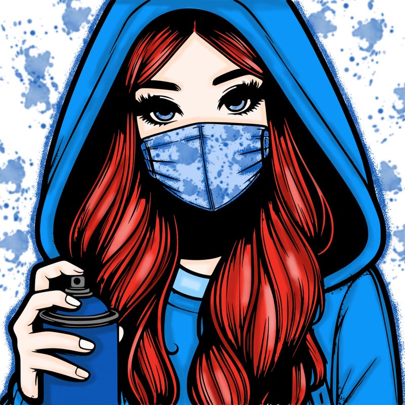girl wearing a mask with long hair with her hood up spray-painting realistic