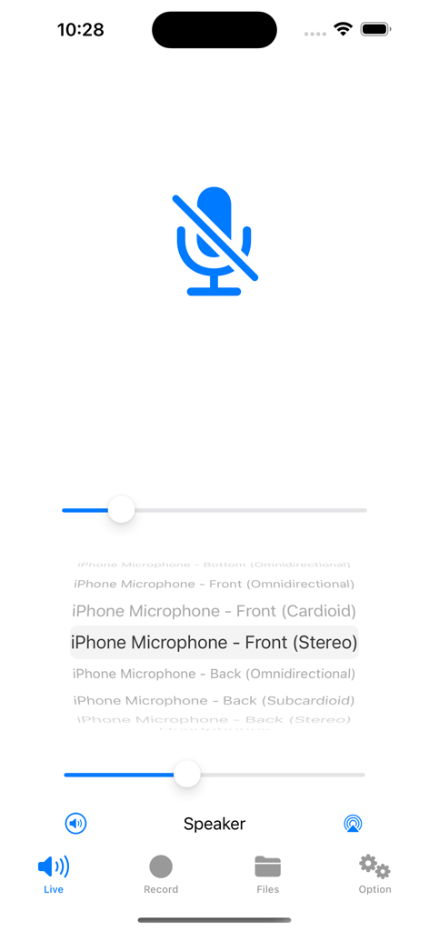 Stereo Microphone - Interface principal do aplicativo Microfone Estéreo para iOS mostrando seleção de fonte de microfone, incluindo modo estéreo frontal.
