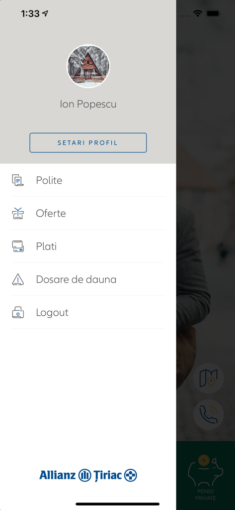 Side menu of Allianz-Tiriac app showing profile settings, policies, and insurance claims