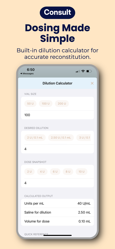 Interface of the Aesthetic Injector Planner app showing the dilution calculator for Botox and filler reconstitution.