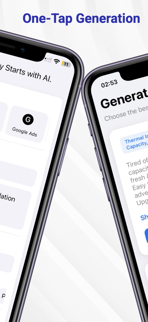Ad Copy AI: Ads Generator - Two iPhones showing the Ad Copy AI app interface featuring one-tap ad generation for platforms like Google Ads.
