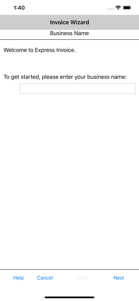 Express Invoice app setup screen for entering the business name