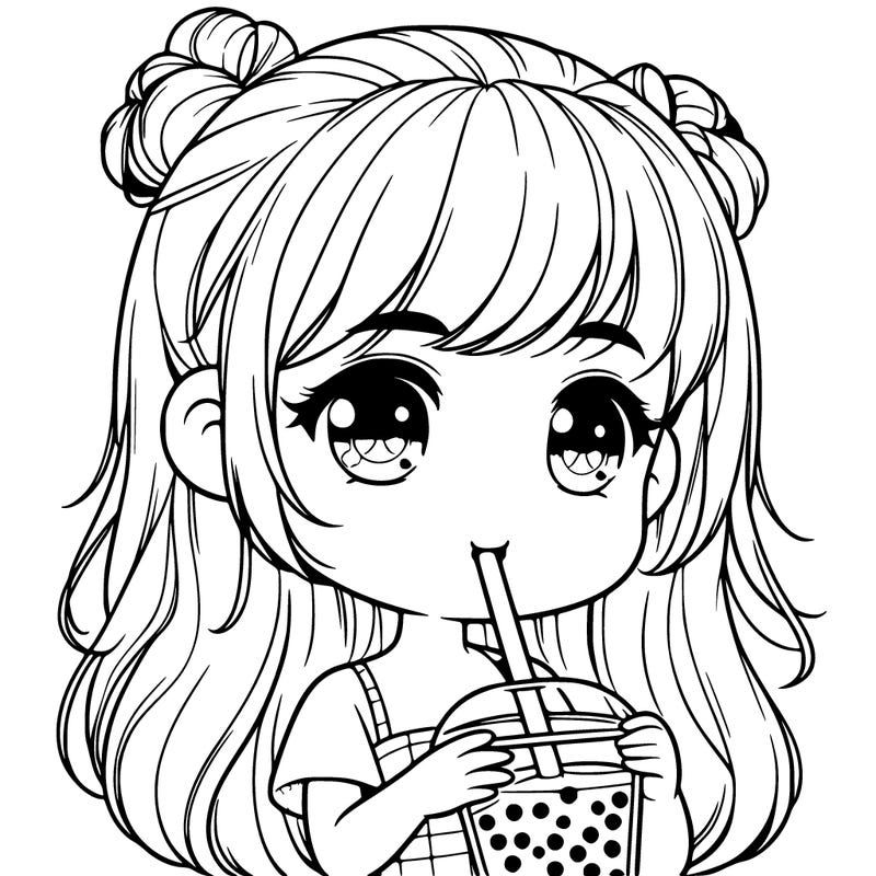 realistic little girl drinking boba