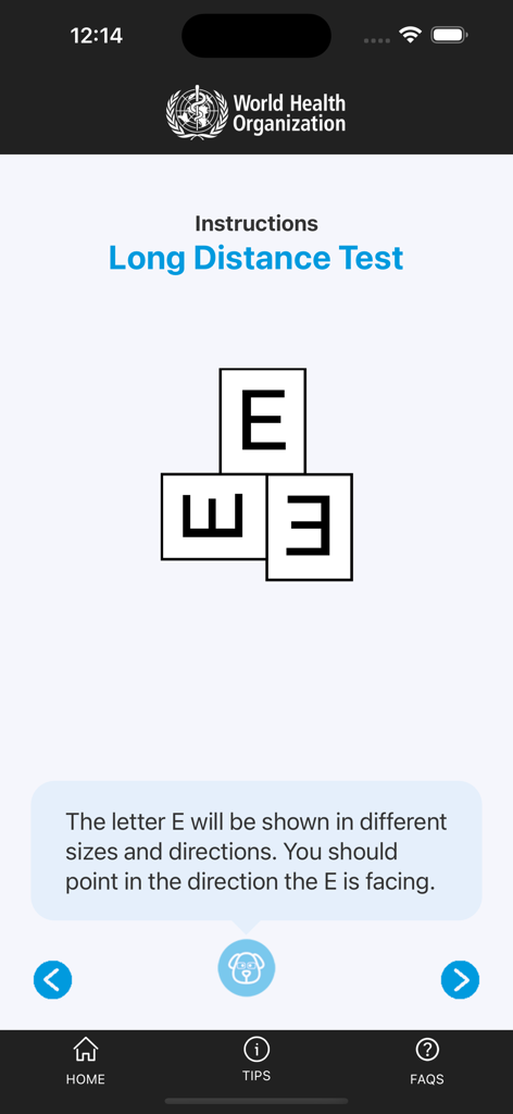 WHOeyes - Instructions for the long distance visual acuity test in the WHOeyes app showing Tumbling E chart orientation.