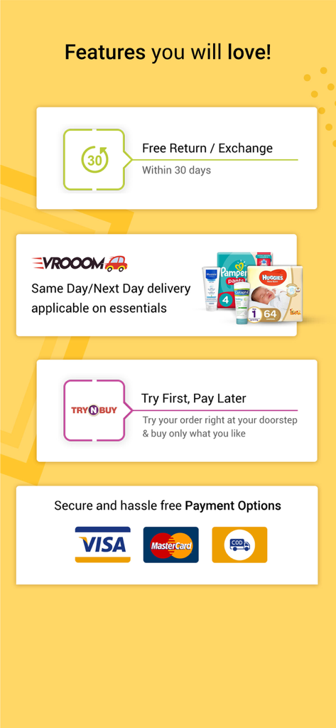 FirstCry Arabia: Baby & Kids - Fonctionnalités de l'application FirstCry Arabia incluant la livraison rapide, les retours gratuits, les options d'essai avant achat et les paiements sécurisés