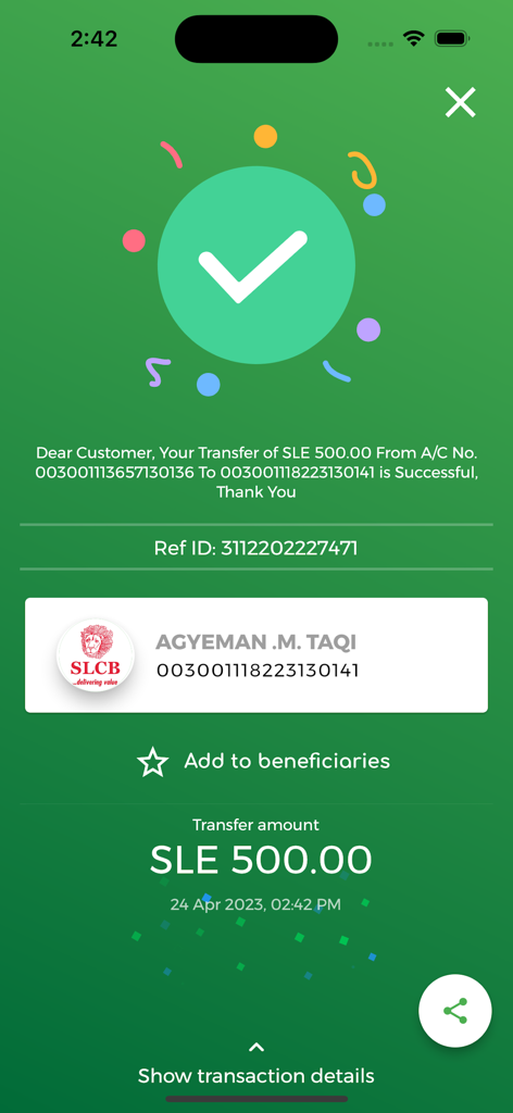 SLCB - Transaction confirmation screen in the SLCB mobile app showing a successful transfer of SLE 500 with a large green checkmark.