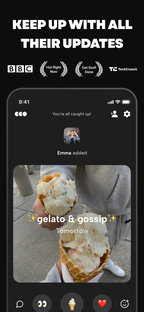 Howbout app activity feed showing a friend's plan for gelato and gossip with social reactions