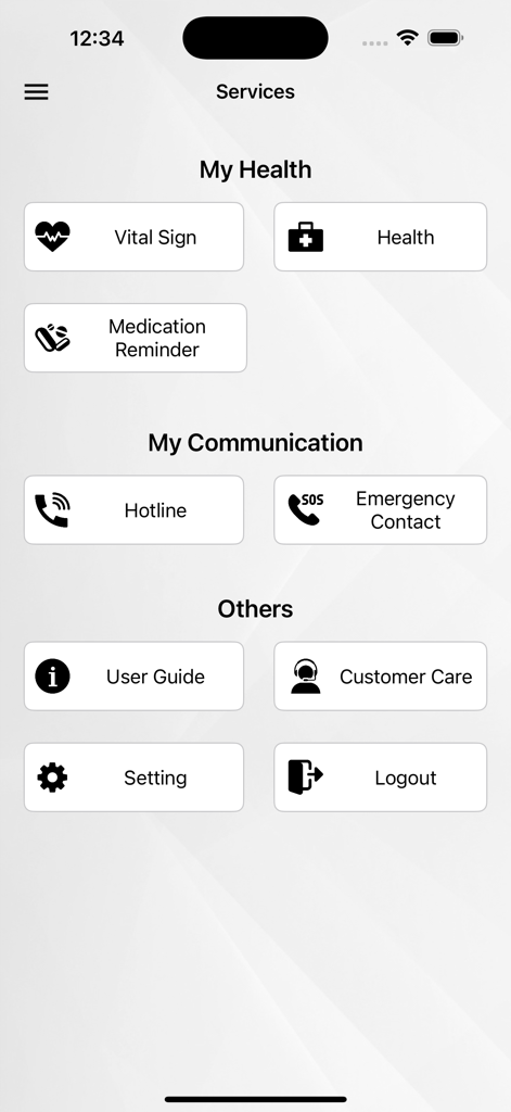 SATA Public - SATA Public app services screen displaying health tracking communication and settings options