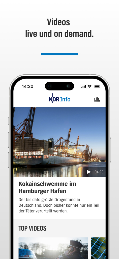 Interface do aplicativo NDR Info mostrando vídeos de notícias e uma reportagem sobre o Porto de Hamburgo