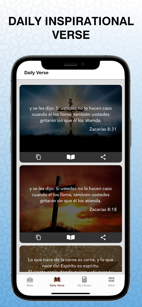 Biblia Reina Valera Audio - 종교적인 배경 이미지가 있는 스페인어로 매일 영감을 주는 성경 구절을 보여주는 성경 킹 제임스 흠정역 앱 인터페이스