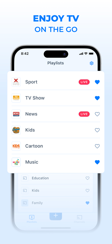 IPTV Smart Player mobile interface showing categorized playlists including sports news and entertainment