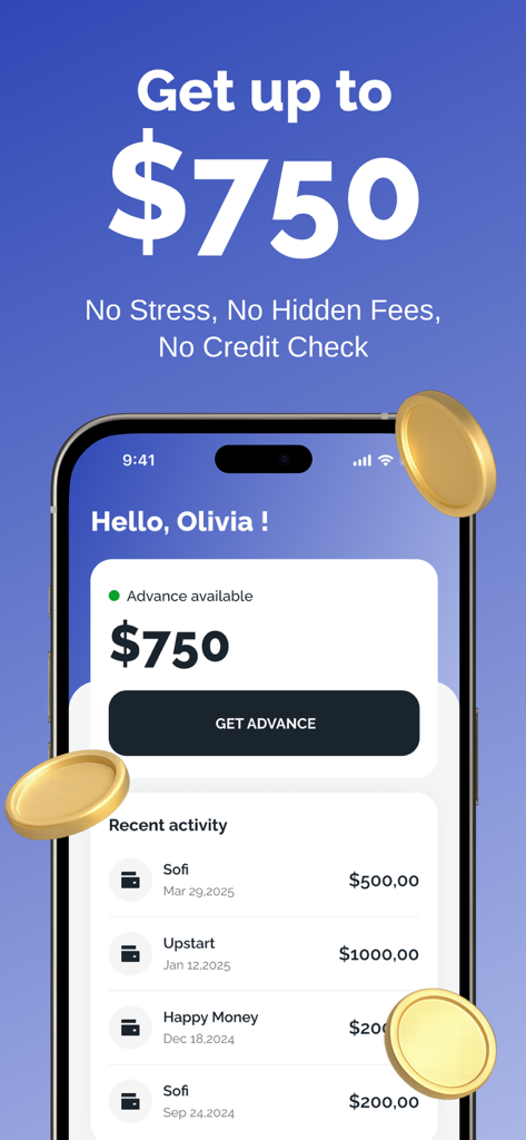 Money In Minutes: Cash advance - Money In Minutes app dashboard displaying a seven hundred and fifty dollar cash advance option