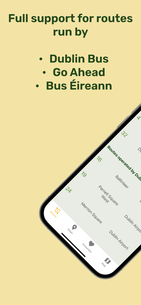 Next Bus Dublin app screen displaying support for Dublin Bus Go Ahead and Bus Eireann routes