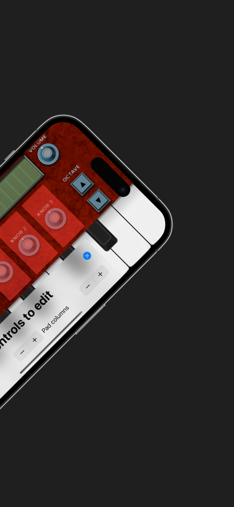 Ein iPhone-Bildschirm zeigt die Benutzeroberfläche der Keys MIDI Controller App mit virtuellen Klaviertasten und einstellbaren Reglern.