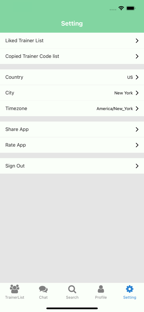 Einstellungsmenü der Poke Friends App mit Anzeige des Benutzerstandorts und der Trainerlistenoptionen