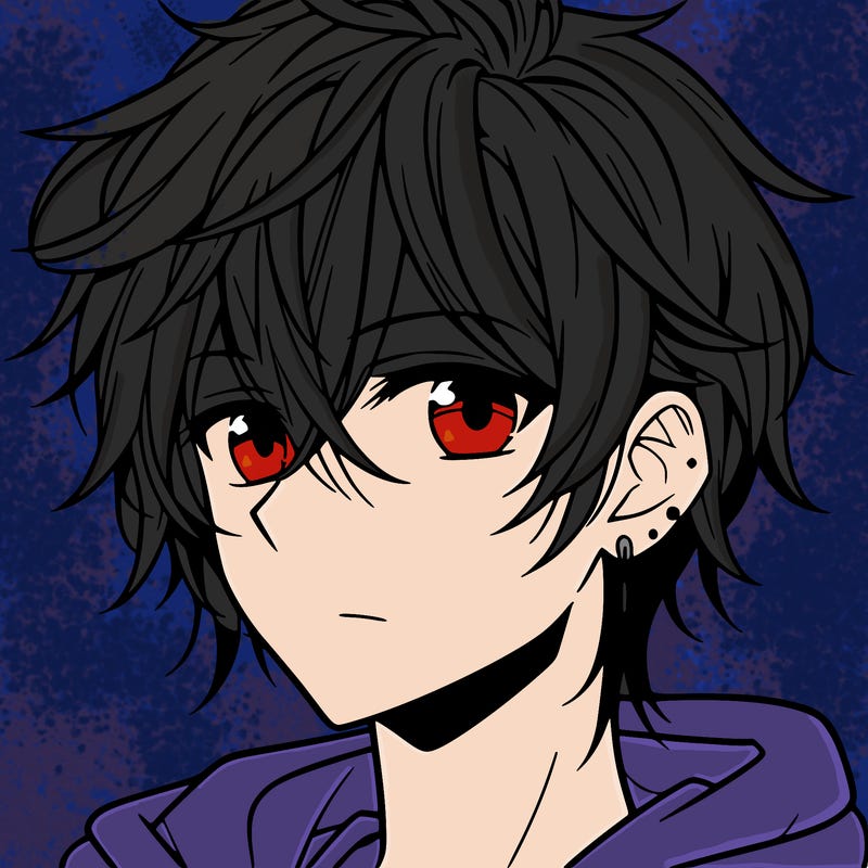 anime boy with shoulder-length hair with a pierced ear and medium-sized eyes