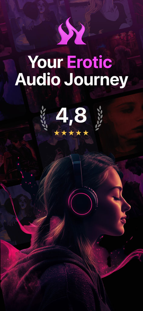 Maven - Spicy Audio Stories - Una mujer usando auriculares con el texto Tu Viaje Erótico en Audio y una calificación de 4.8 estrellas.