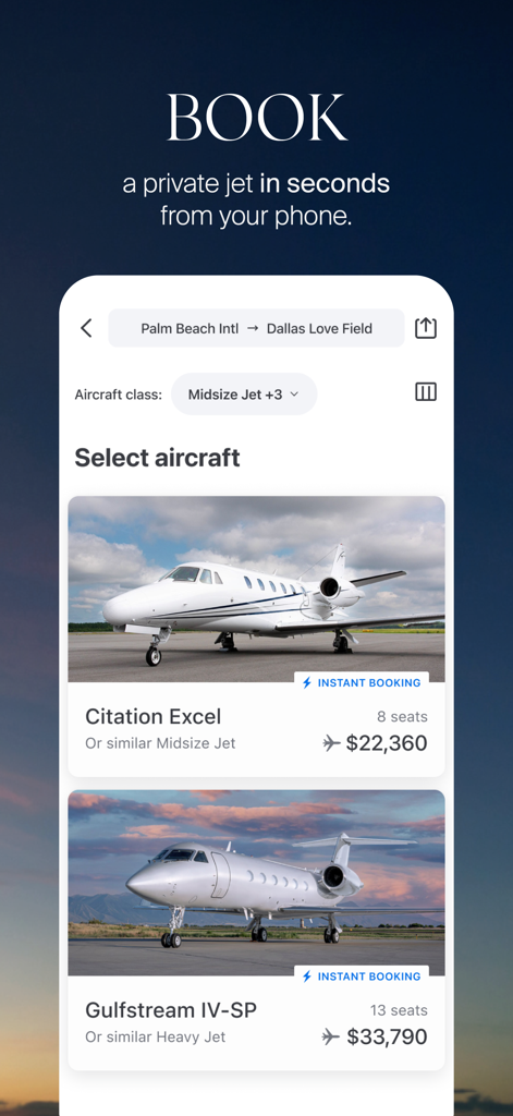 Schermata dell'app mobile XO che mostra le opzioni di aeromobili per jet privati e i prezzi di prenotazione istantanea