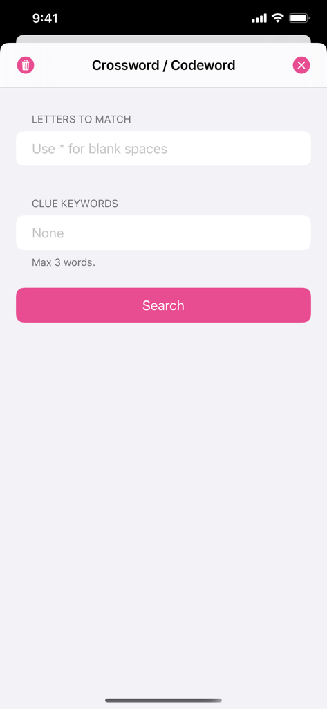 Word Hippoアプリのクロスワードおよびコードワードソルバーインターフェース。文字のマッチングと手がかりのキーワードフィールドが表示されています