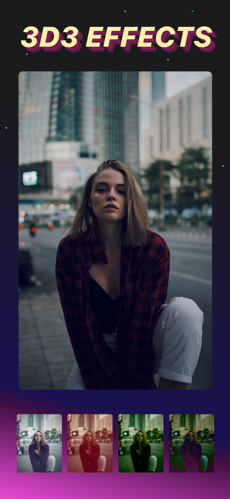 Dazz Cam Dispo.sable - Captura de tela do aplicativo Dazz Cam mostrando efeitos 3D em um retrato com várias opções de filtro de cores vintage na parte inferior