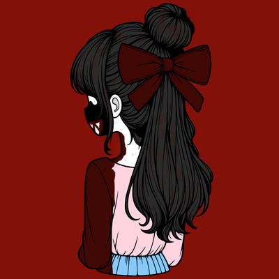 realistic girl  with hip length hair a bun and a big bow on the back of head