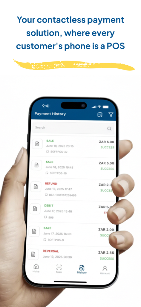 Mobipaid - Mobipaid app showing a list of transactions in the payment history screen on an iPhone.
