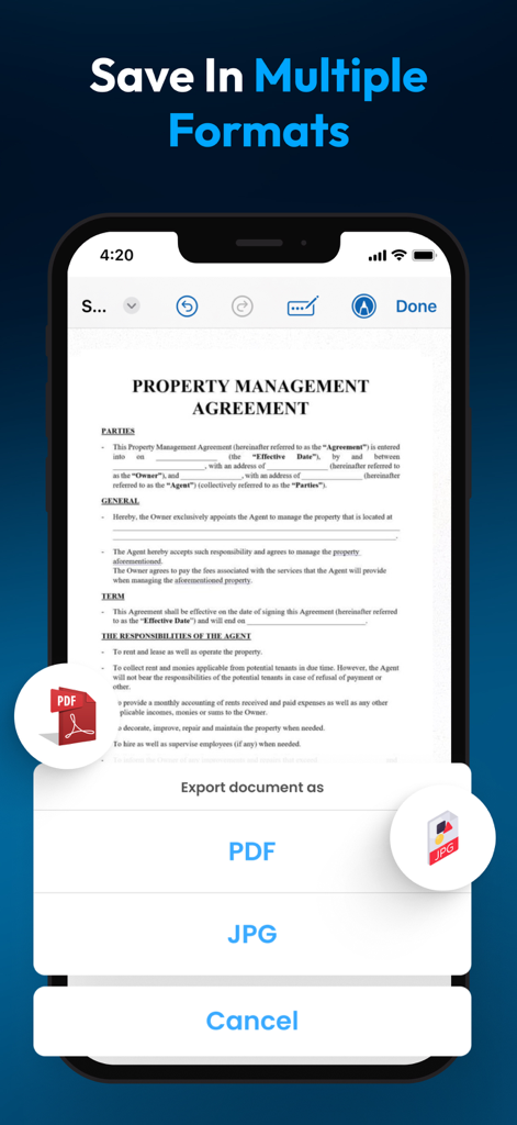 PDF Scanner : File Manager - Una pantalla móvil que muestra opciones de exportación para un documento de gestión de propiedades en formatos PDF y JPG.