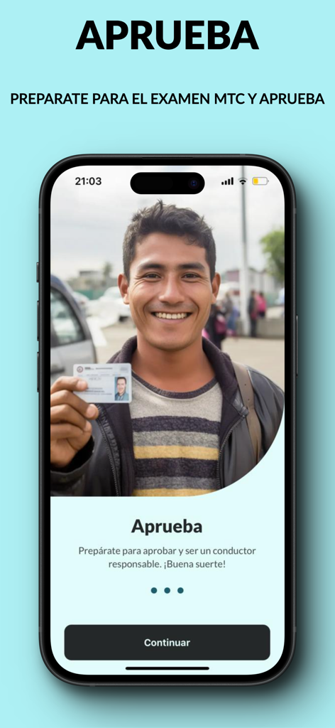 Simulacro MTC Perú 2025 - Uomo sorridente che tiene in mano una patente di guida per l'app onboarding di Simulacro MTC