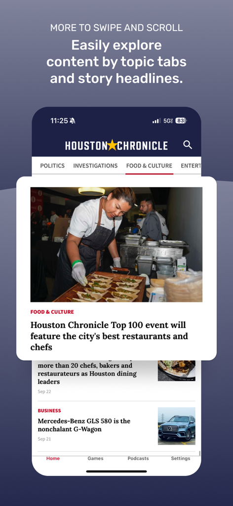 Houston Chronicle - Houston Chronicle mobile app interface showing topic navigation tabs and local news headlines.