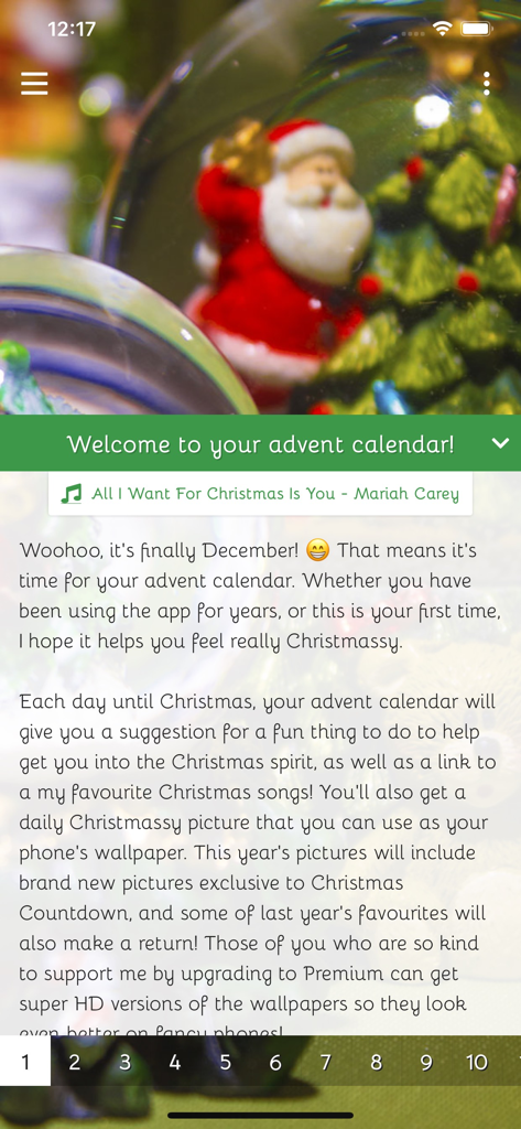 Christmas Countdown app advent calendar showing daily gifts and festive music.