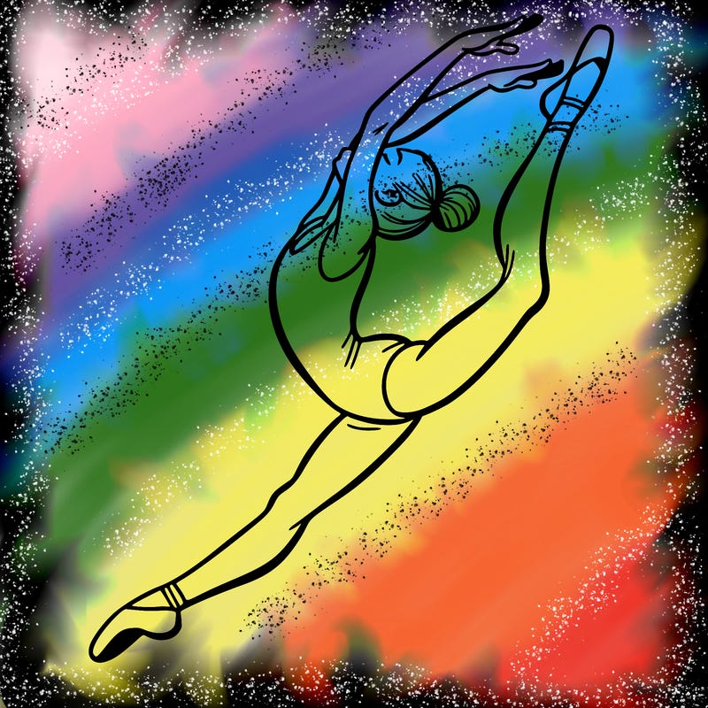 gymnast doing a leap in a leotard with a bent back leg