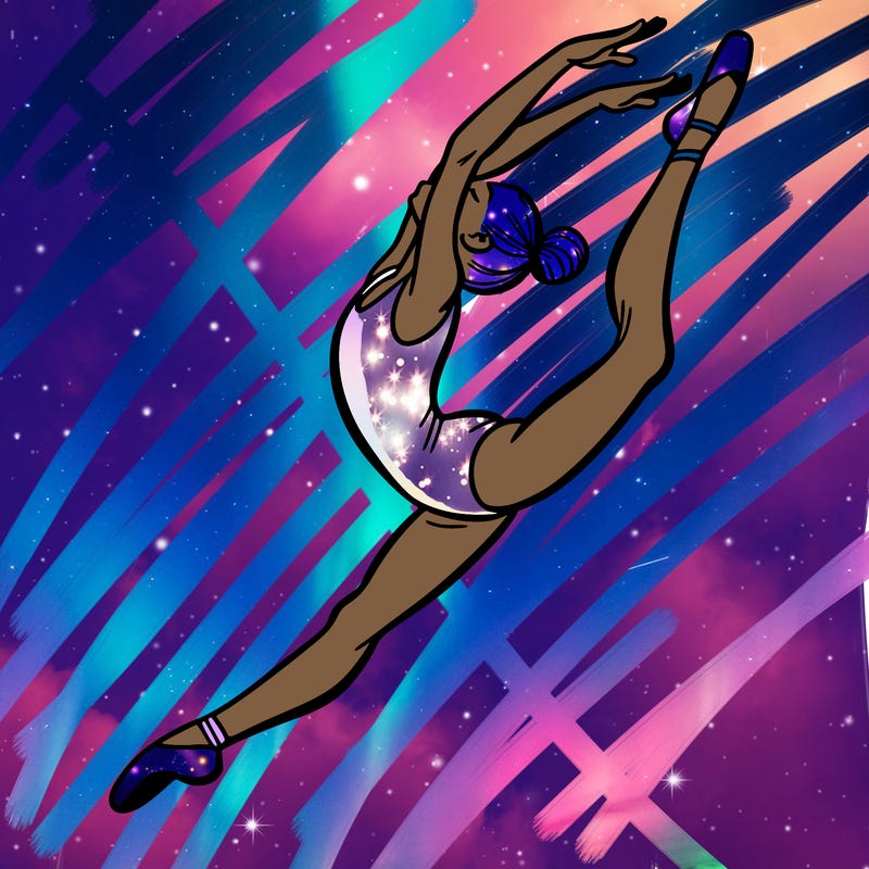 gymnast doing a leap in a leotard with a bent back leg