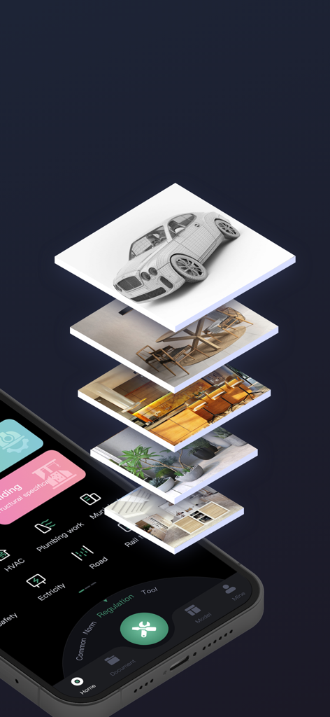 Sketch Viewer UP-model browser - 3D自動車モデルと建築デザインカードを表示するSketch Viewerアプリのインターフェイス