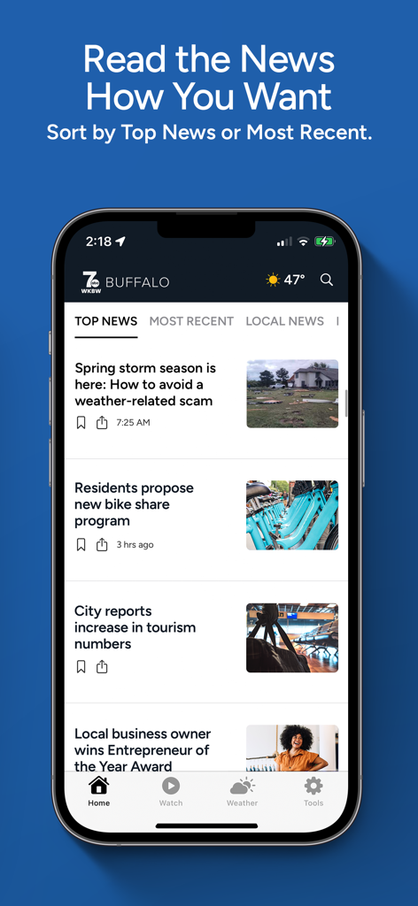 7 WKBW News Buffalo - 7 WKBW News Buffalo app interface showing top local news stories and weather