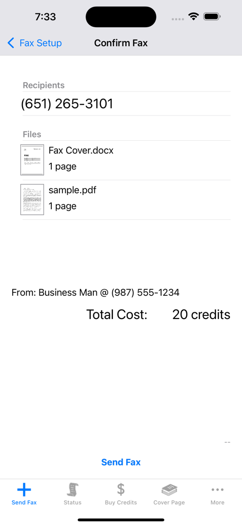 A screenshot of the fax confirmation screen on an iPhone showing a recipient number, attached document files, and the total cost in credits.