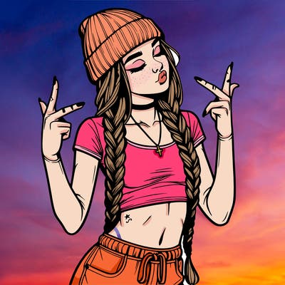 realistic teenage girl with braids and a beanie and crop top doing 🫶🏼