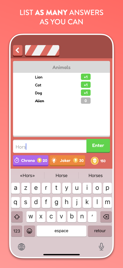QuizUp gameplay screen showing a trivia challenge where a player types as many animal names as possible to score points.