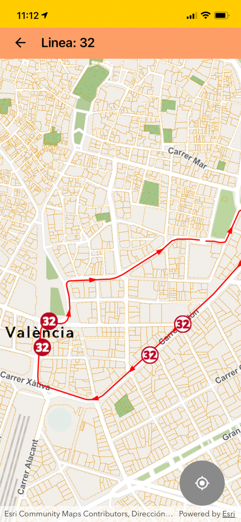 Visualização do mapa da rota da linha de ônibus 32 de Valência no aplicativo móvel AppValència