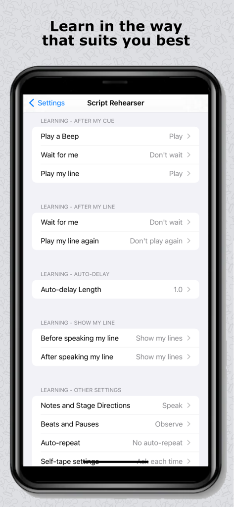 Script Rehearser app interface showing customizable learning settings for practicing lines and rehearsal cues.