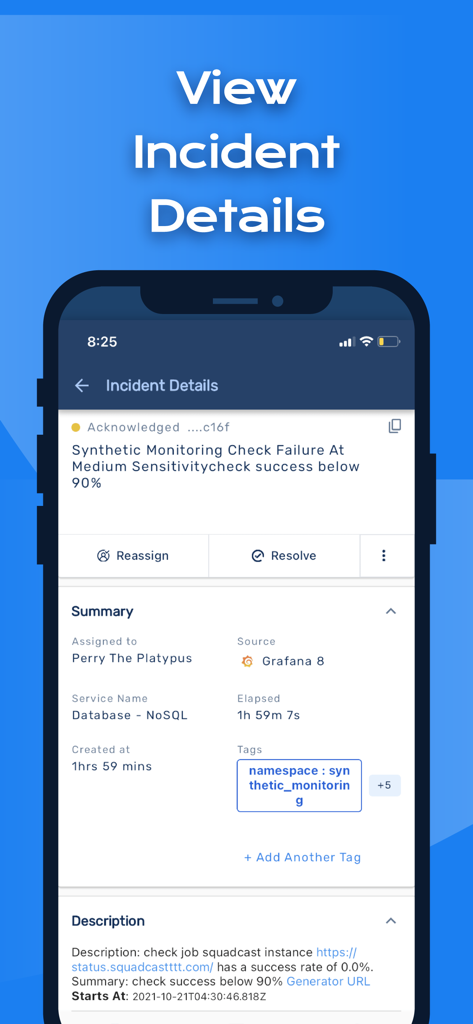 Smartphone screen displaying detailed incident management information in the Squadcast app