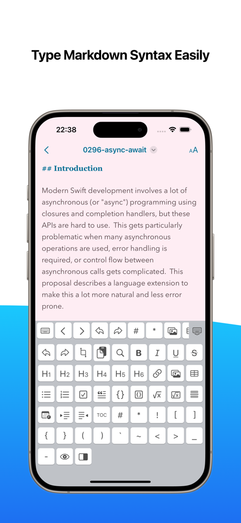 One Markdown - One Markdown app interface on iPhone showing a specialized keyboard with shortcut buttons for Markdown syntax formatting.