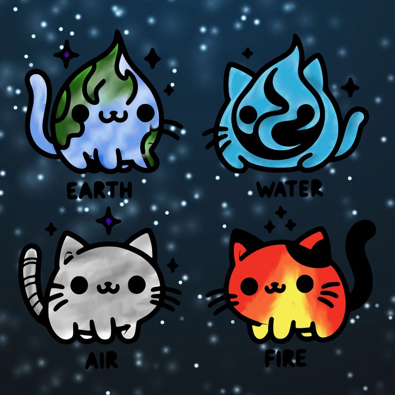 4 cats that represent the different elements, earth, water, air, and fire