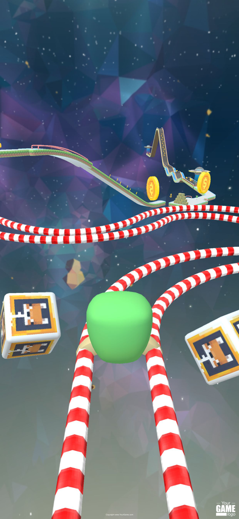 Fly Ball: Sky Parkour - A green ball navigating a sky parkour track in a galaxy environment with gold coins