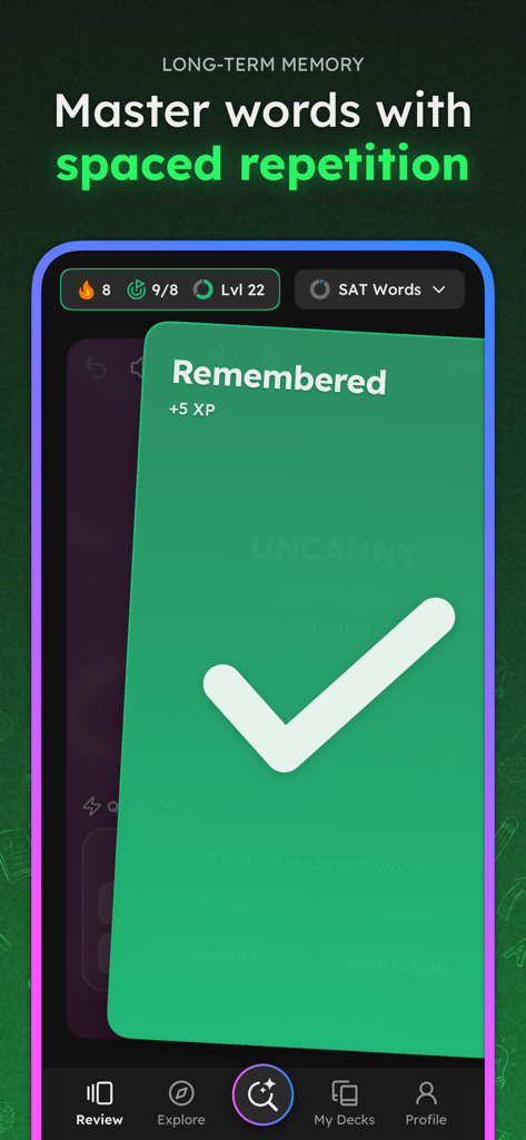 VividVocab: Remember Words - VividVocab app screen showing a successful word review using spaced repetition for long term memory
