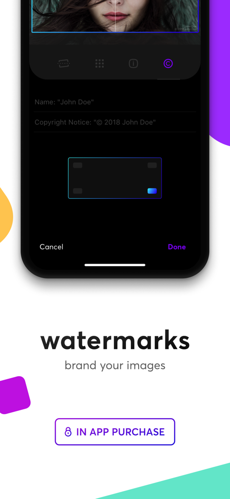 Panols - Interface of Panols app showing the watermark and branding feature for photos.